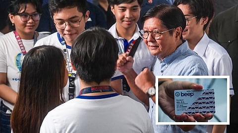 PRESIDENT Ferdinand Marcos Jr. leads the launch of personalized white student Beep cards at the LRT-2 Legarda station on Saturday.