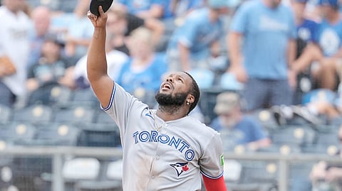VLADIMIR Guerrero Jr. celebrates after the Toronto Blue Jays formalize their entry to the MLB playoffs following an 8-5 win over Kansas City Royals on Sunday.