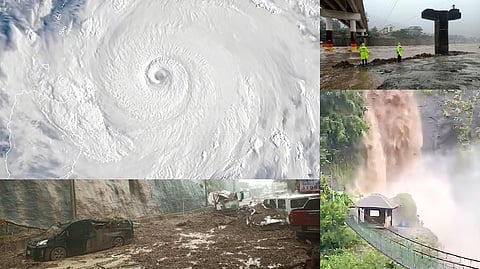 Storm’s fury Super typhoon ‘Nando,’ now the strongest storm of 2025 with 10-minute sustained winds of 205 km/h, barrels across Northern Luzon, its eye drawing near. Brown, raging waters surge at Bridal Veil Falls in Twin Peaks, Kennon Road, Tuba, Benguet. Roads from Ilocos to Baguio remain closed as rivers swell and communities brace for flooding, while local workers clear debris along the Tuba-San Pascual route.
