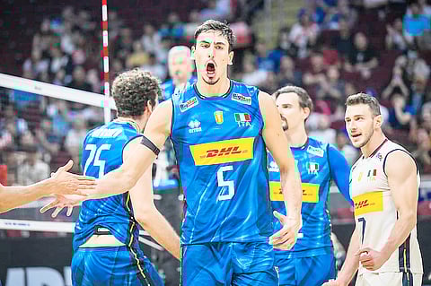 Alessandro Michieletto of Italy celebrates their entry in the Final Four after beating Belgium, 25-13, 25-18, 25-18, in the 2025 FIVB Volleyball Men’s World Championship quarterfinals on Wednesday.