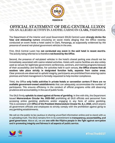 CASINO DENIAL | DILG-CL refutes claims of hosting event at Clark casino hotel. Read the official statement here. | Franco Regala