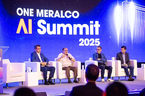 Meralco executives, led by (second from left) Meralco Chairman and CEO Manuel V. Pangilinan, discuss the emerging role of AI in shaping the energy sector. Joining him in the panel are (from left) Meralco Executive Vice President and Chief Operating Officer Ronnie L. Aperocho, Meralco First Vice President & Head of Information, Communications, Technology & Transformation Rocky D. Bacani and Meralco Senior Vice President and Chief Revenue Officer Ferdinand O. Geluz.