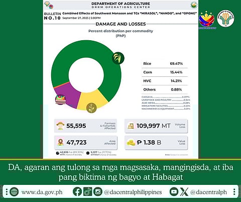 An estimated loss of P1.38 billion was recorded by the Department of Agriculture (DA) all over the country after tropical cyclones Mirasol and Nando, along with Habagat, battered the country last week.