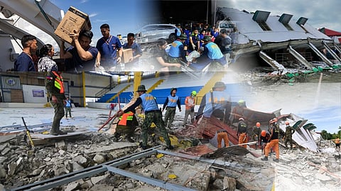 Amid the rubble Rescuers are quick to take action after a 6.9-magnitude earthquake devastated Cebu on Wednesday, 1 October. (Clockwise, from top left) The Philippine Coast Guard deploys BRP Teresa Magbanua to transport doctors, nurses and other medical personnel, along with emergency equipment, to assist communities in Cebu. Rescuers search for three people who were reported missing under the rubble of a collapsed building in Bogo City. An inspection is made on the damage at an indoor arena in San Remigio town.