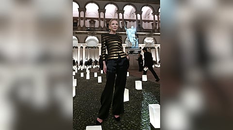 Actress Cate Blanchett poses before the Giorgio Armani collection show at Milan’s Fashion Week Womenswear Spring / Summer 2026, at the Pinacoteca di Brera Museum on 28 September in Milan.