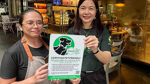 PAWS Executive Director Atty Anna Cabrera awards the Certified Pet-Friendly Seal to Coffee Bean & Tea Leaf in Ayala Malls Vertis North.
