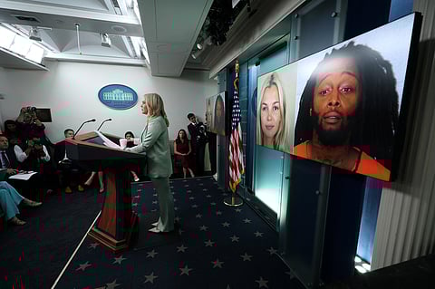White House Press Secretary Karoline Leavitt speaks about the killing of Ukrainian refugee Iryna Zarutska by suspect Decarlos Brown (R) during a daily press briefing in the Brady Press Briefing Room at the White House on September 9, 2025 in Washington, DC. Leavitt discussed a range of topics during the briefing including recent immigration enforcement actions by the Trump administration and the release of new documents related to the Jeffrey Epstein investigation by a Congressional committee yesterday.