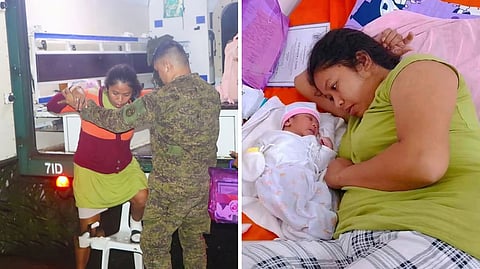 SOLDIERS from the 69th Infantry 'Cougar' Battalion, through its medical team, assist Anna Rose Amoguis Flores with medical transport to deliver her baby at the height of the typhoon.