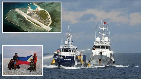 Collision course Like a tempest at sea, a China Coast Guard vessel blasts a torrent from its water cannon at a Philippine ship before ramming it near Pag-asa Island (inset). China insists the Philippines is ‘fully responsible’ for the clash off Sandy Cay, where Filipinos (lower photo) have been standing their ground, proudly displaying the tricolor.