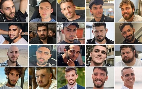 The 20 living hostages released on October 13, 2025: First row, from left: Elkana Bohbot, Matan Angrest, Avinatan Or, Yosef-Haim Ohana, Alon Ohel. Second row, from let: Evyatar David, Guy Gilboa-Dalal, Rom Braslavski, Gali Berman, Ziv Berman. Third row, from left: Eitan Mor, Segev Kalfon, Nimrod Cohen, Maxim Herkin, Eitan Horn. Final row, from left: Matan Zangauker, Bar Kupershtein, David Cunio, Ariel Cunio, Omri Miran.