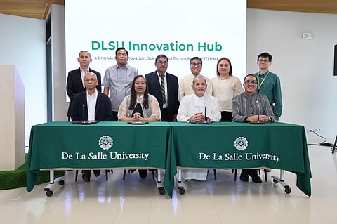 FROM left to right (Top): Vice President for Research and Innovation Dr. Raymond Girard R. Tan, DOST Undersecretary for Regional Operations Sancho A. Mabborang, DOST Secretary Renato U. Solidum Jr., DOST Asst. Secretary for Technology Transfer, Communications, and Commercialization Napoleon K. Juanillo Jr. PhD., DOST-Region IV-A Regional Director Emelita P. Bagsit, and Provost and DLSU President for Academics Robert C. Roleda. From left to right (Bottom): PEZA Division Chief for Ecozone Assistance Division Ludwig O. Daza, PEZA Acting Group Manager Rowena T. Naguit, DLSU President Br. Bernard S. Oca, FSC, and DLSU-Laguna Campus Vice President Dr. Jonathan R. Dungca, during the Ceremonial Signing of the Registration Agreement designating DLSU as the official Knowledge, Innovation, Science and Technology (KIST) Developer, held at Enrique K. Razon Jr. Hall, DLSU-Laguna Campus on 08 October 2025.