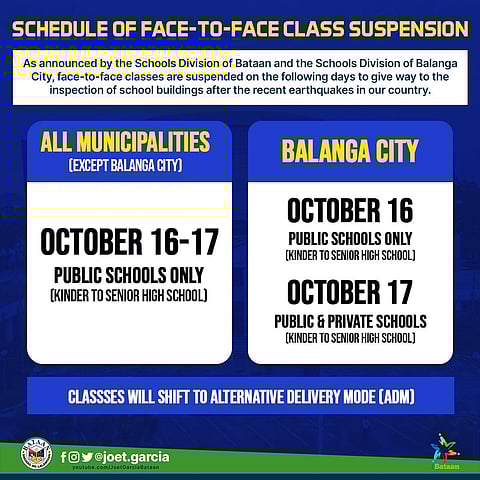 The Department of Education (DepEd) School Division Office Bataan has suspended face-to-face classes in the province of Bataan from October 16 to 17, 2025, to inspect school buildings and other educational facilities here.