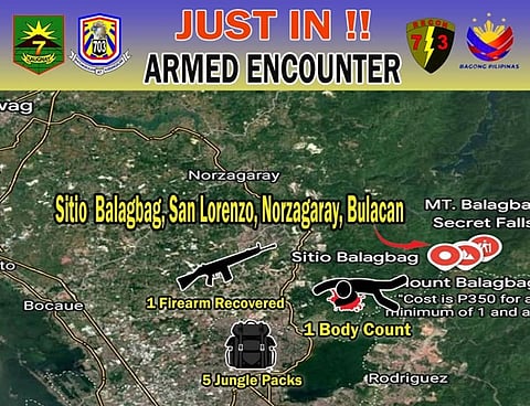 FOOTHILLS VICTORY | An infographic released by the Philippine Army details a clash with insurgents in Norzagaray, Bulacan. One enemy was neutralized, and vital supplies seized.