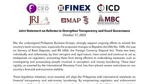 THE joint statement release by a coalition of six business groups supporting the ongoing push to amend laws regarding bank secrecy.