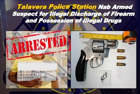 A man was arrested for discharging a firearm in a populated area while in possession of illegal drugs at Brgy. Sibul, Talavera, Nueva Ecija on 17 October 2025.
