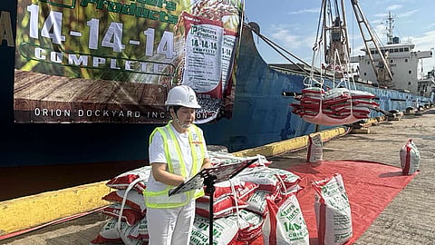 PLANTERS Products Inc. President and CEO Maria Zenaida Angpin gives a speech at the delivery of fertilizer shipments at the Orion Dockyard in Bataan on 20 October 2025.