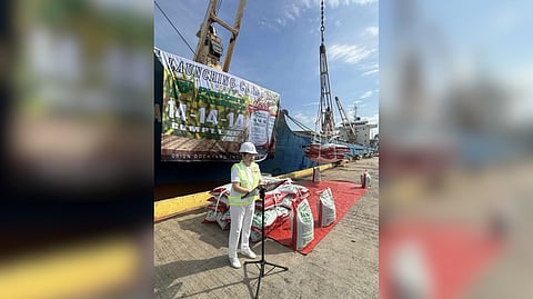 PLANTERS Products Inc. president and CEO Maria Zenaida Angpin gives a speech during the delivery of fertilizer shipments at the Orion Dockyard in Bataan on 20 October 2025.