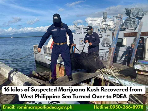 Some 16 kilograms of high-grade marijuana kush was recovered in an operation conducted off the West Philippine Sea, officials confirmed on October 20, 2025.