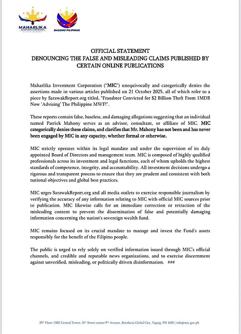 Maharlika Corp. disputes link to convicted 1MDB financier