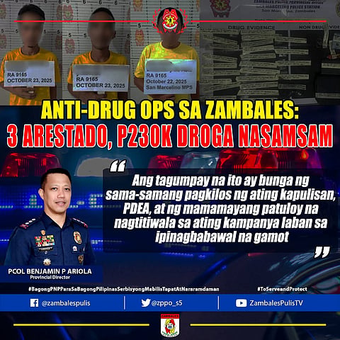 OPERATION SUCCESS | Three arrested, P230K in drugs seized during Zambales two-day anti-drug operations from October 22-23, 2025. Police credit collaborative effort. | Franco Regala