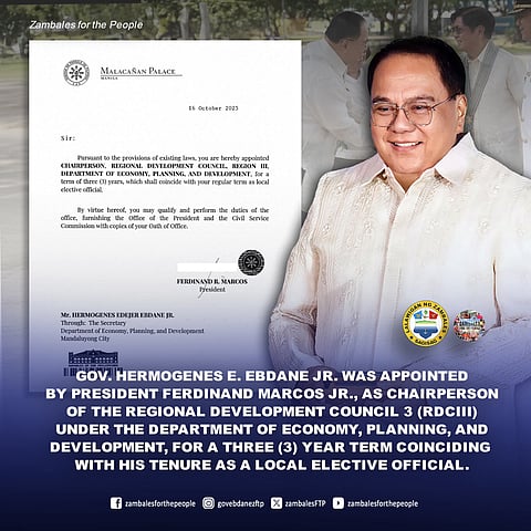 President Ferdinand R. Marcos Jr. has appointed Zambales Governor Hermogenes E. Ebdane Jr. as the new chairperson of the Regional Development Council, Region III.
Ebdane was designated as RDC 3 chairperson by President Marcos after Executive Secretary Lucas Bersamin informed DEPDev Secretary Arsenio Balisacan about Marcos’ approval of the Zambales governor’s appointment in a letter dated 16 October 2025.