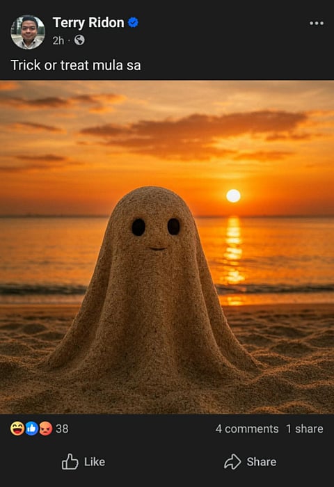 House Rep. Terry Ridon posted on Facebook an image of a "ghost" made out of sand as his trick or treat greeting this Halloween.