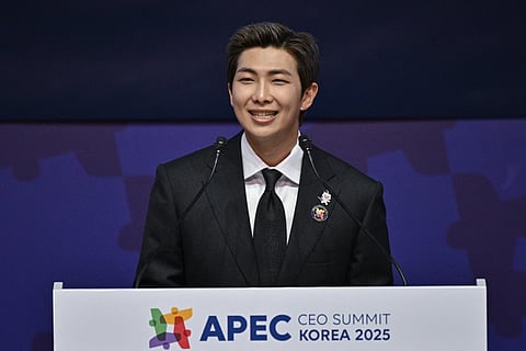 RM, member of K-pop boy band BTS, speaks during the Asia-Pacific Economic Cooperation or APEC CEO Summit at the Gyeongju Arts Center in Gyeongju on 29 October 2025.
