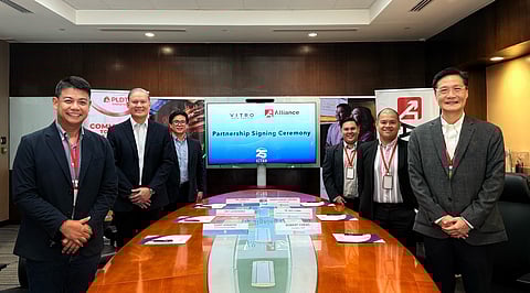 The partnership to accelerate digital transformation in the Visayas and Mindanao regions was initialed by (from left) Gary F. Ignacio, chief commercial officer, Vitro Inc.; Jay Lagdameo, VP and head of Enterprise Business Group, PLDT Enterprise; MG Librojo, sales head, Vitro Inc., Joseph Andre Azcona, product specialist, AEES; Te Jay Luna, AVP for sales and marketing, AEES and Robert Cheng, president and CEO, Alliance Software Inc.