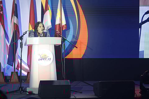 CDC President and CEO Atty. Agnes Devanadera VST delivers her speech to some 1,200 ASEAN engineers converged at the SMX Convention Center Clark from 28 to 30 October 2025 for the 43rd Conference of the ASEAN Federation of Engineering Organizations (CAFEO).