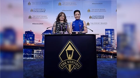 Receiving the Stevie Awards recognizing Filinvest for excellence in leadership development, talent acquisition, and sustained efforts to build high-performing, purpose-driven teams at the 2025 International Business Awards in New York are Venus A. Mejia (left), chief operating officer of Filinvest Land Inc., and Bing D. Paraguas, first vice president and head of Human Resources at Filinvest Development Corporation.