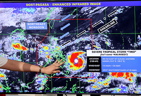 OFFICIALS from the Philippine Atmospheric, Geophysical and Astronomical Services Administration give updates on severe tropical storm ‘Tino’ during a press conference on Monday. The storm may intensify into a super typhoon as it approaches parts of the Visayas, which are now under Signal No. 2.