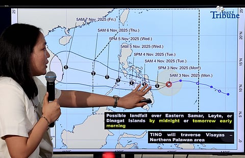 (November 03 2025) Philippine Atmospheric, Geophysical and Astronomical Services Administration (Pagasa) officials give an update regarding severe tropical storm Tino, with international name Kalmaegi, during a press conference on Monday November 3 2025 which may intensify into super typhoon as it approaches parts of the Visayas placing the region under Tropical Cyclone Wind Signal (TCWS) No. 2. Photo/Analy Labor