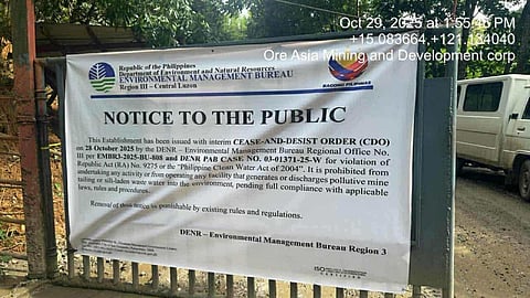The Provincial Government of Bulacan, led by Governor Daniel R. Fernando, has ordered the implementation of the Cease-and-Desist Order (CDO) and the Notice of Violation against Ore Asia Mining and Development Corporation at Barangay Camachin, Doña Remedios Trinidad.