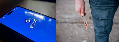 Composite image of GCash app on a screen, and stabbing stock photo