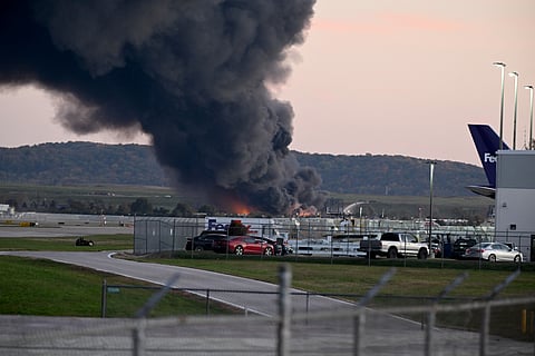 FIRE and smoke mark where a UPS cargo plane crashed near Louisville Muhammad Ali International Airport on 4 November 2025 in Louisville, Kentucky.