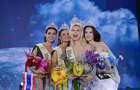 Elemental beauties (From left) Thailand — Waree Ngamkham, Miss Earth Fire 2025; Iceland — Soldis Vala Ivarsdottir — Miss Earth Air 2025; Czech Republic — Natalie Puskinova — Miss Earth 2025; and Vietnam — Trinh My Anh — Miss Earth – Miss Earth Water 2025. (Inset) Natalie Puskinova is crowned by Miss Earth 2024 Jessica Lane of Australia.