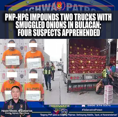 Two trucks full of smuggled onions were seized by the Philippine National Police–Highway Patrol Group (PNP-HPG) at the Bypass Road, Balagtas Exit, Bulacan, on November 3, 2025.