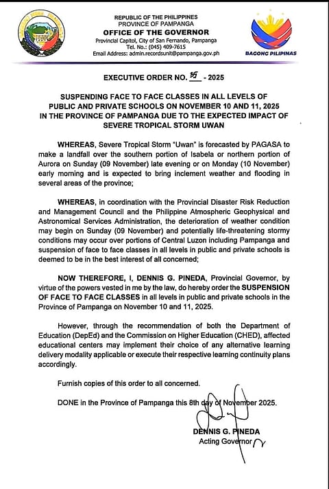 Just in: Gov. Pineda suspends face-to-face classes in Pampanga on 10 and 11 November due to Typhoon Uwan.