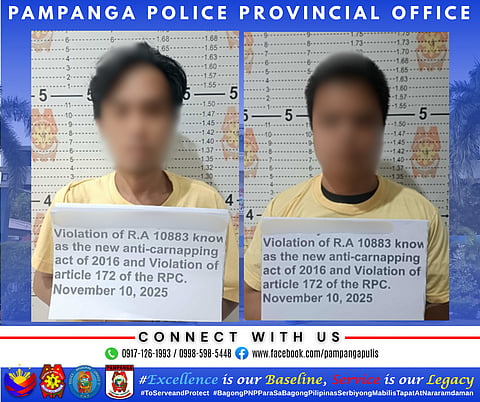 Two carnappers were arrested during an entrapment operation at Brgy. Lagundi, Mexico, Pampanga, on November 10, 2025, by the Pampanga Police Provincial Office (PPPO).