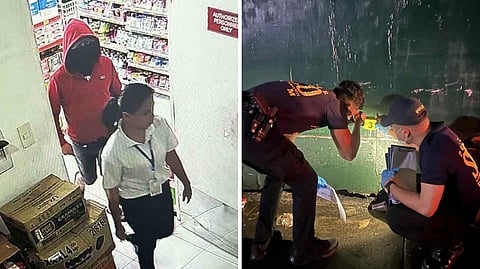 Authorities investigate the crime scene where an armed encounter occurred between a robber who was later confirmed as a member of the law enforcement community and police. Operatives immediately responded after receiving a report of a robbery at a convenience store in Barangay Sta. Rosa I and later engaged the fleeing suspect who fired at them during a hot pursuit operation.