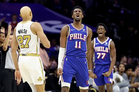 JUSTIN Edwards celebrates after playing a key role in Philadelphia 76ers’ 102-100 win over the Boston Celtics in the NBA regular season.
