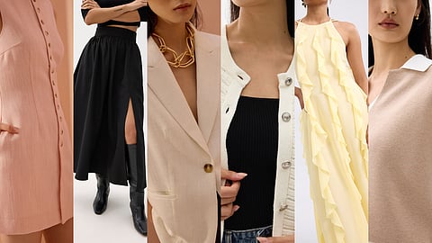 Rani Textured Button Down Shift Mini Dress, Zoe Flare Maxi Skirt, Noa Relaxed Textured Shoulder Padded Vest, Kiara Shoulder Padded Crop Knit Cardigan, Georgette Halter Trapeze Frill Maxi Dress and Esha Knit Crop Shell Top.