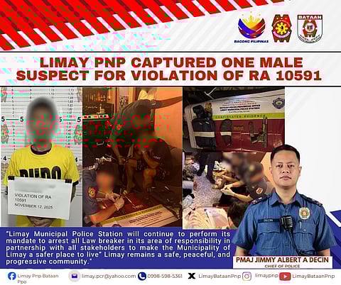 Authorities here have arrested a suspect in possession of an illegal firearm at Barangay Lamao in the town of Limay, Bataan on November 12, 2025.