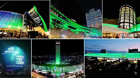 SM Supermalls shows solidarity nationwide for Cebu’s recovery: SM Aura, SM Megamall, SM Mall of Asia with the Mall of Asia Globe, SM Seaside Cebu, and SM Lanang light up its facades in a distinct green hue for hope.
