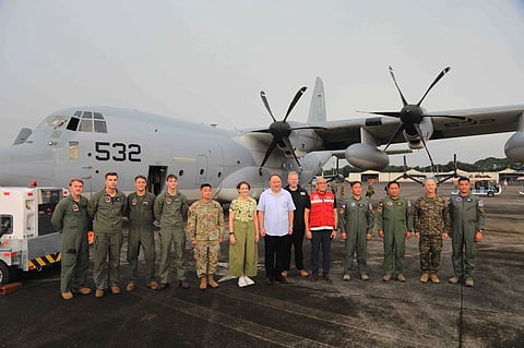 Defense Secretary Gilberto C. Teodoro Jr. and United States Ambassador to the Philippines MaryKay L. Carlson conducted an inspection on the ongoing joint foreign disaster relief mission of the Philippine Air Force (PAF) and the United States Military Forces at the Clark Air Base on November 15, 2025.