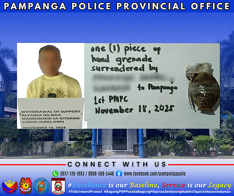 A former member of the Alyansa ng mga Magbubukid sa Gitnang Luzon-Kilusang Magbubukid ng Pilipinas (AMGL-KMP) surrendered to the Pampanga police at Barangay Malauli in Masantol, Pampanga, on 18 November 2025.