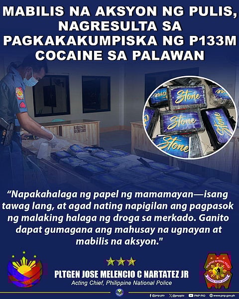 Some P133-million worth of suspected cocaine were discovered at the coastal area of the town of Linapacan, Palawan on November 18, 2025.