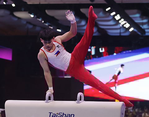 Karl Eldrew Yulo places eighth in the individual all-around despite pain in his right ankle on Saturday in the 3rd FIG Artistic Gymnastics Junior World Championship.