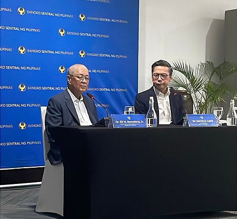 BANGKO Sentral ng Pilipinas (BSP) Governor Eli M. Remolona Jr. (left) and BSP OIC Dennis D. Lapid (right) speak at a press conference following the BSP's inaugural Central Banking Symposium held at the Bellevue Resort in Panglao, Bohol on 24 November 2025.