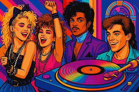 Alive and kicking A vibrant, retro-inspired montage captures the neon glow of 1980s nostalgia — big hair, bold fashion, vinyl records spinning, and a dance-floor energy reminiscent of Madonna- and Prince-era pop culture — echoing the mood of today’s AI-generated throwback trend.